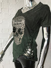 Womens Khaki T Shirt with Metallic Skull 