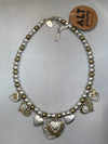Metallic Pearl Choker with Spiral Heart Charms