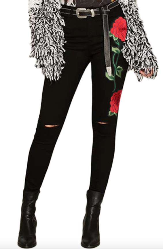 Black jeans with 2024 red rose embroidery