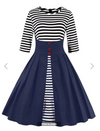 Womens Vintage Style Dress • Navy with Stripes • Plus Size 