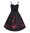 Womens Vintage Style Dress • Black with Red Butterflies