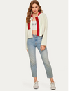 Womens White Teddy Bomber Jacket with Red Contrast