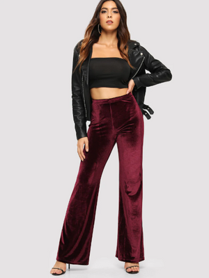 Womens RED BURGUNDY Velvet Flared Pants