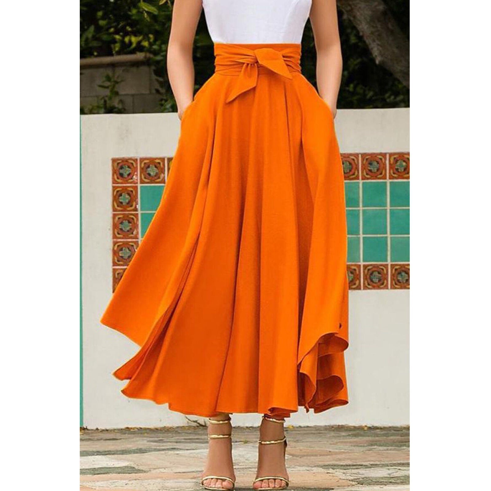 High Waisted Flared Skirt • Orange