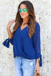 Womens V Neck Tie Sleeve Blouse Blue Top Sheer Blue Blouse 70s style