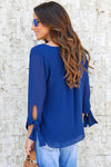 Womens V Neck Tie Sleeve Blouse Blue Top Sheer Blue Blouse 70s style
