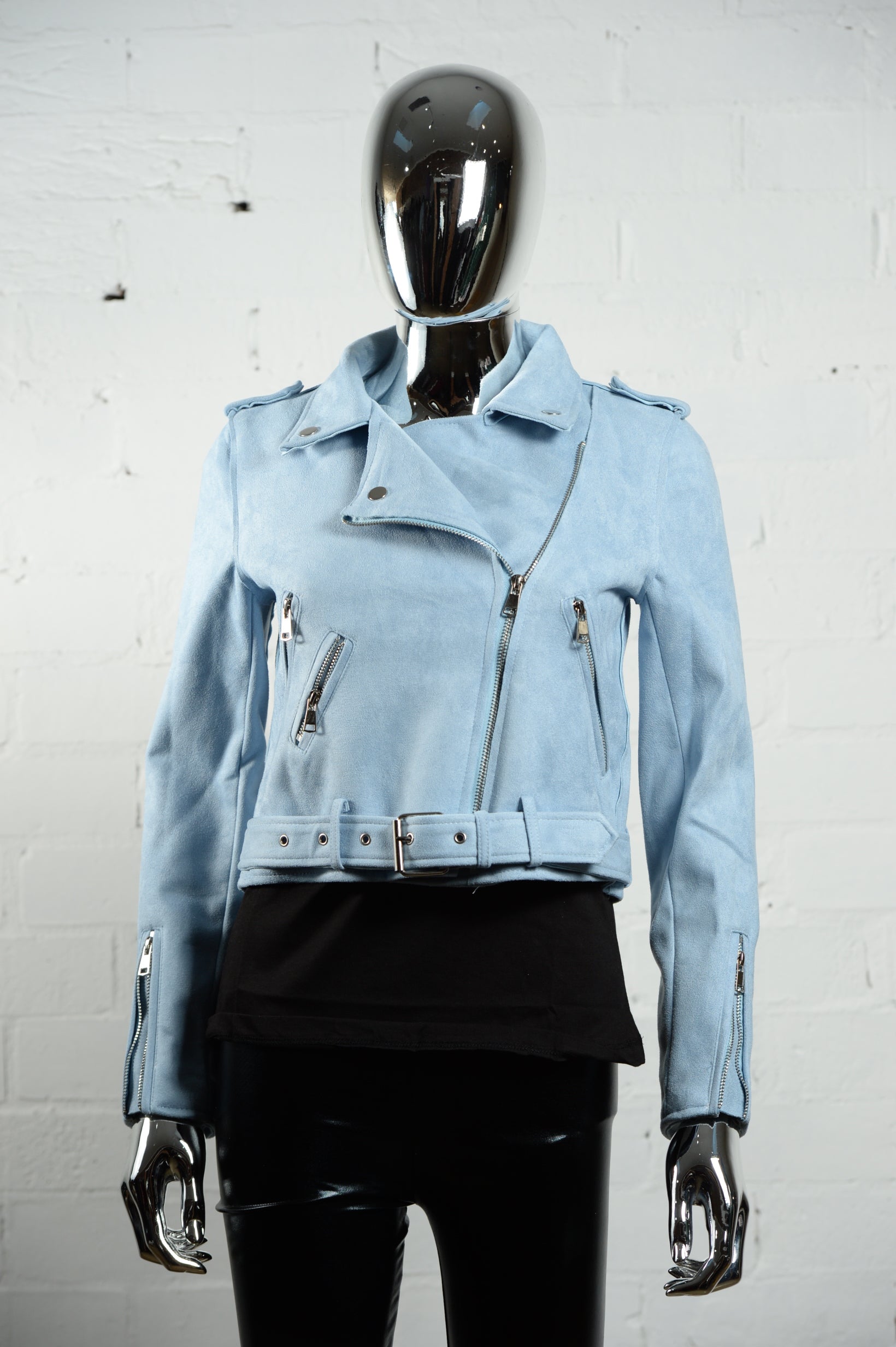 Baby blue faux best sale leather jacket