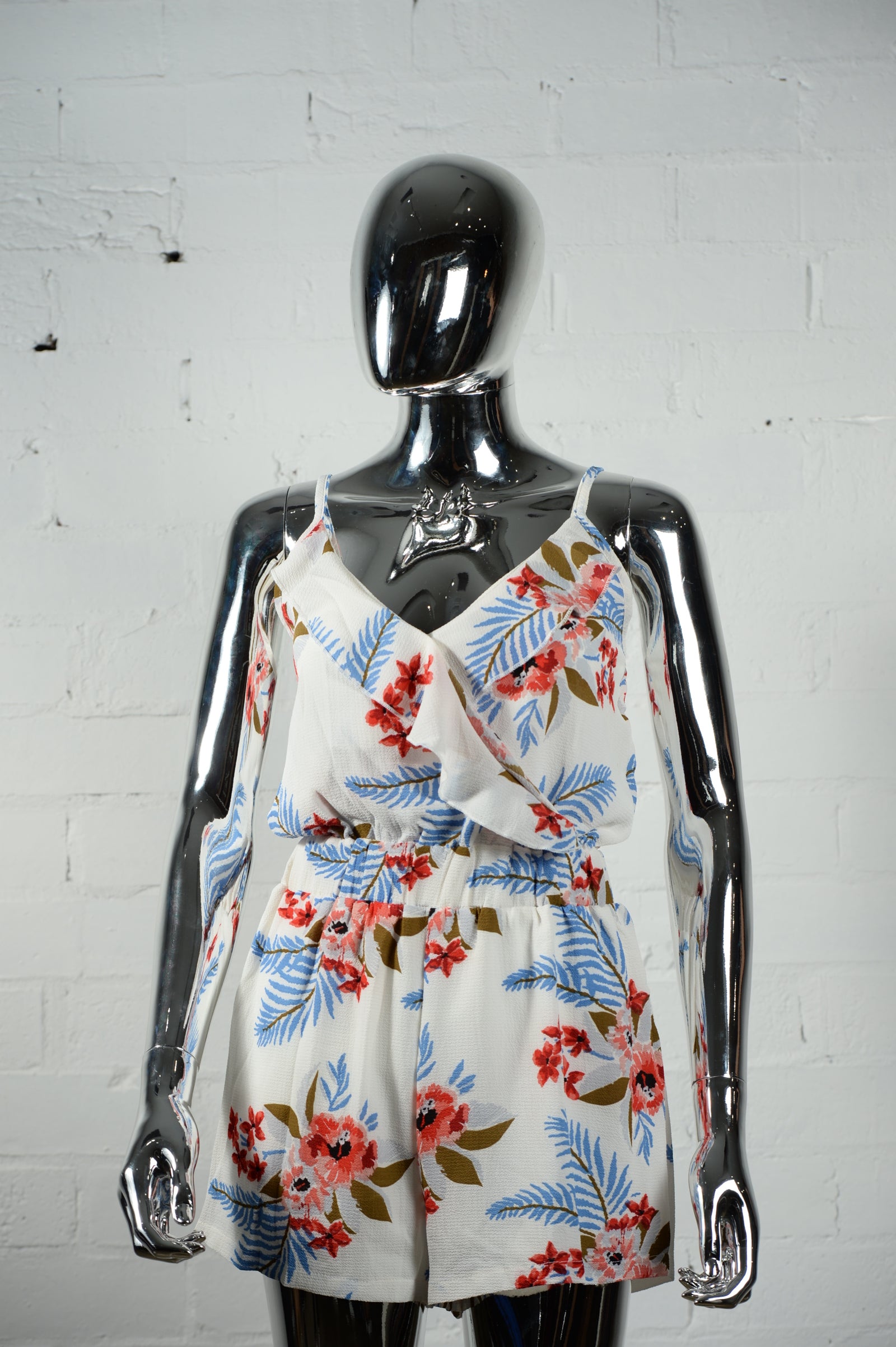 Playsuit •  Shoe string Straps • White Floral