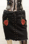 Embroided Rose Black Denim Skirt