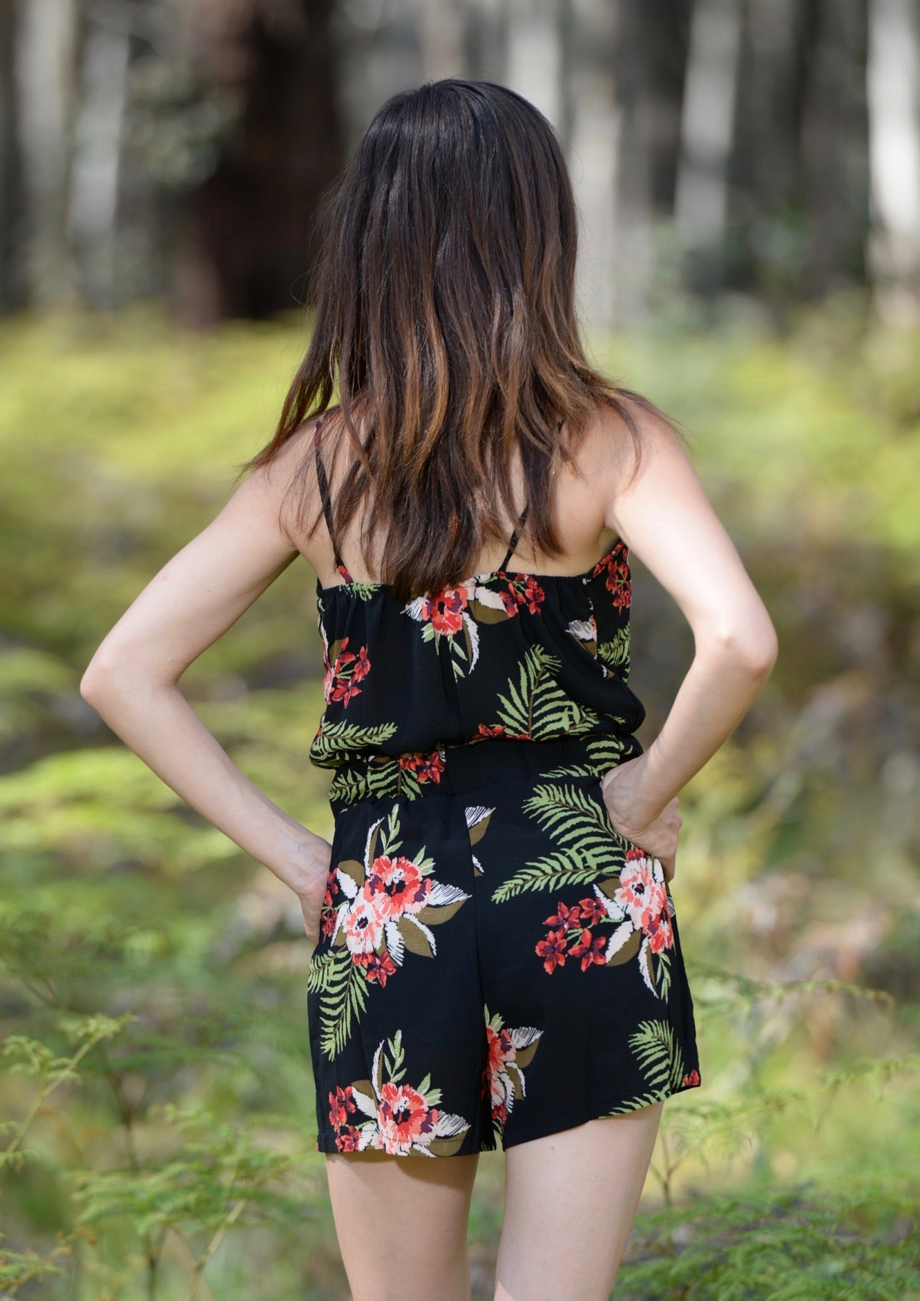 Play suit •  Shoe string Straps • Black Floral