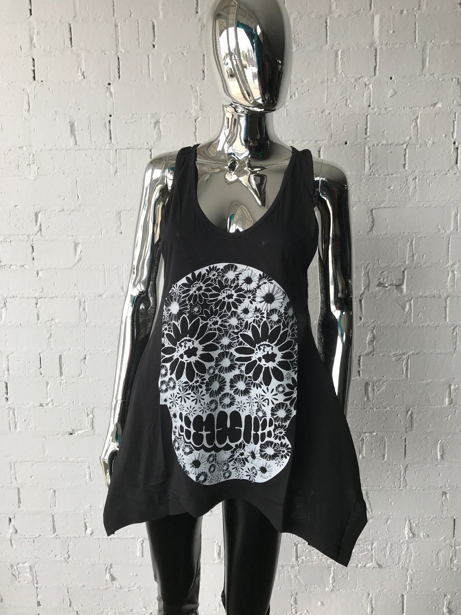 Womens Black Floral Skull Tank 