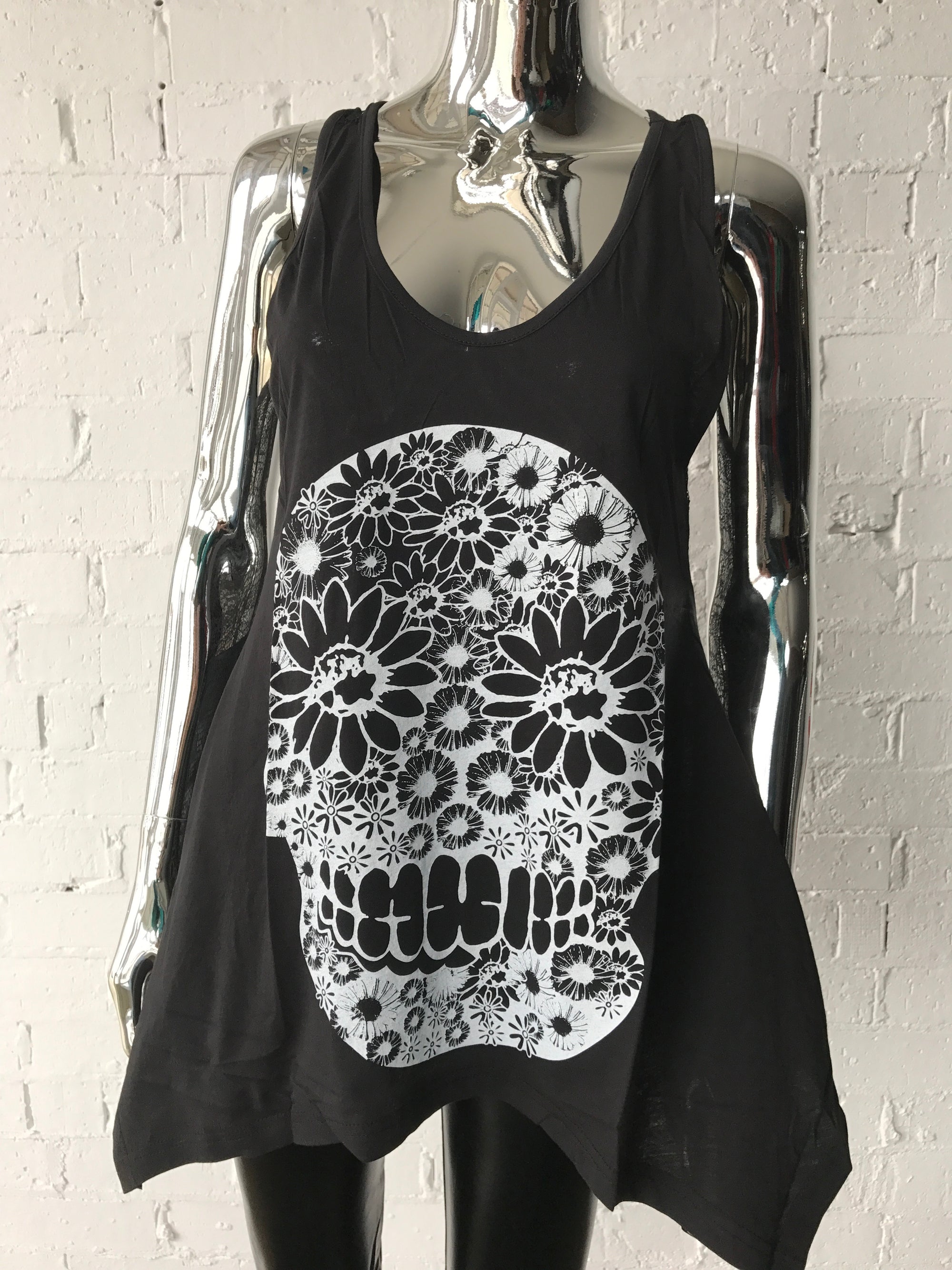 Womens Black Floral Skull Tank