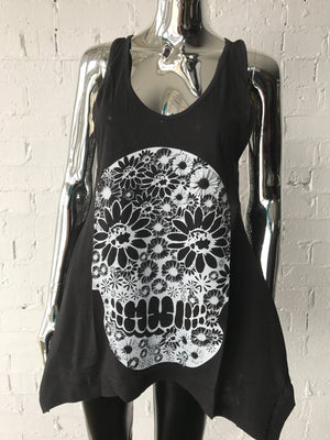 Womens Black Floral Skull Tank