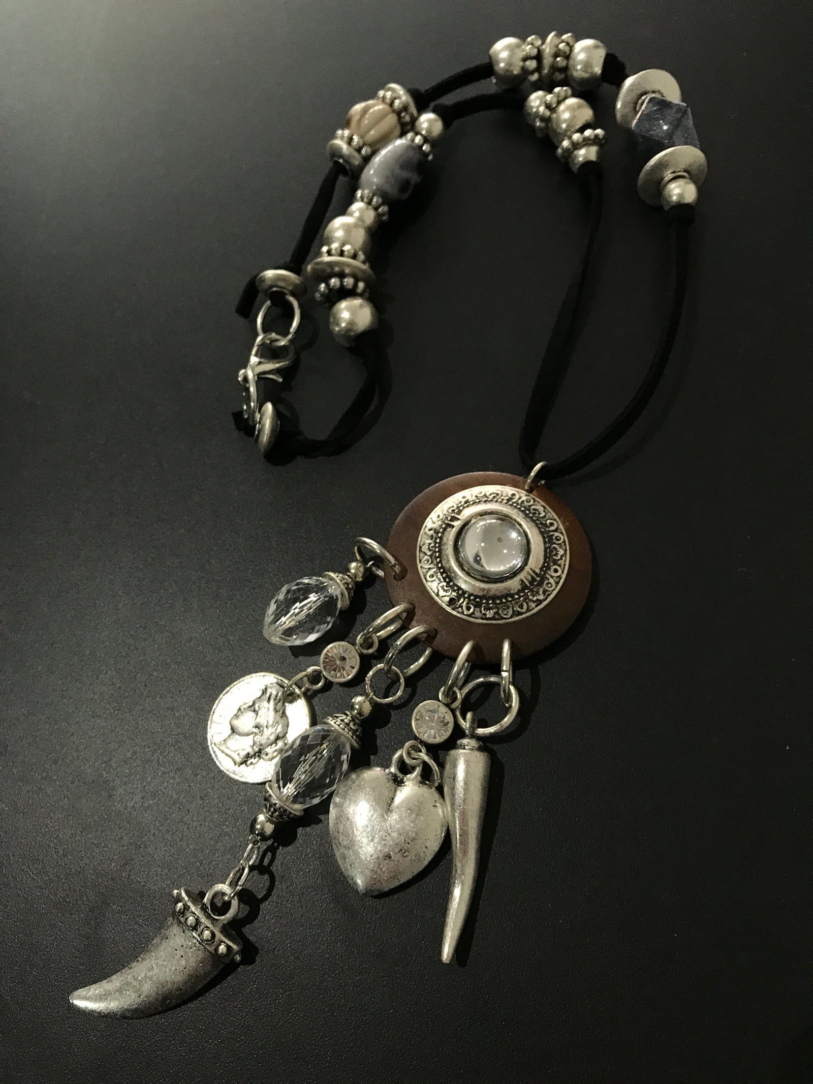 Necklace Wooden Pendant with Cascading Charms