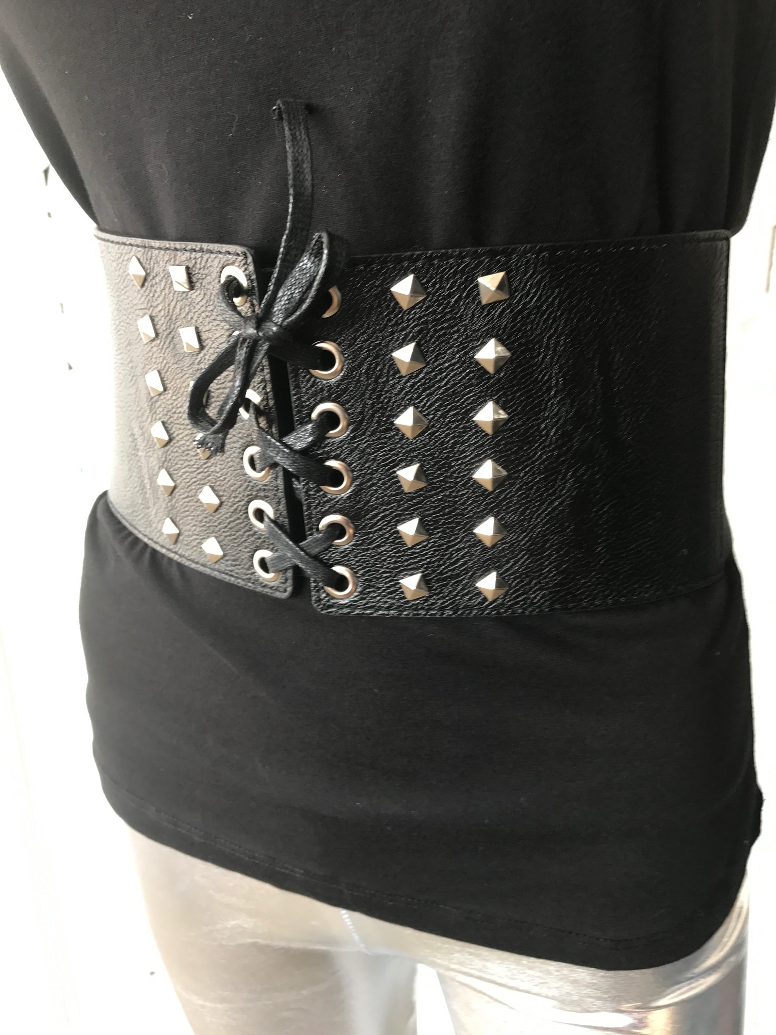 studded lace up press studs elastic Faux Leather Women Studs Lace Up Elastic Belt