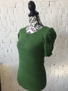 Womens Jumper • Green Short Sleeve Knit Sweater with Gathered Sleeve • 14