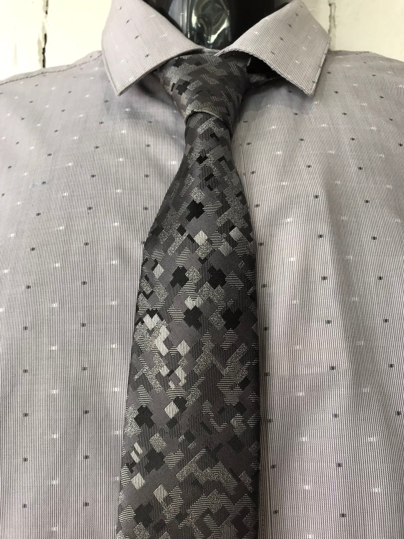 Tie • Geometric Grey, Black and Silver Pattern • By Van Heusen