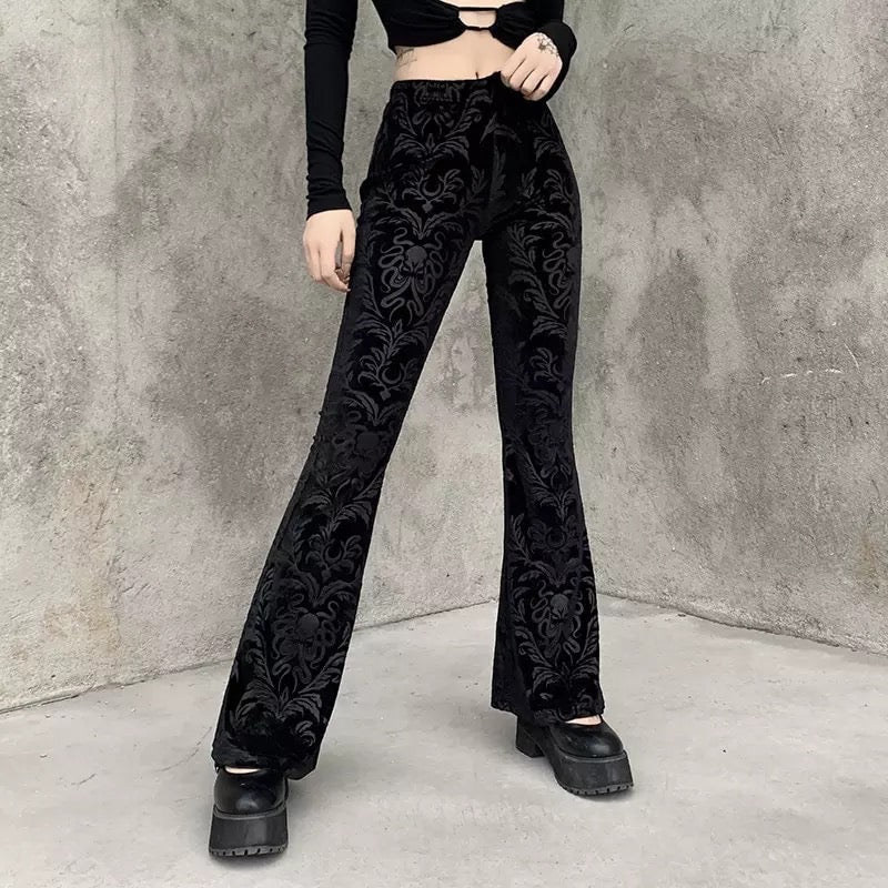 Womens Black Velvet Flared Pants