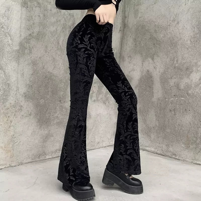 Womens Black Velvet Flared Pants