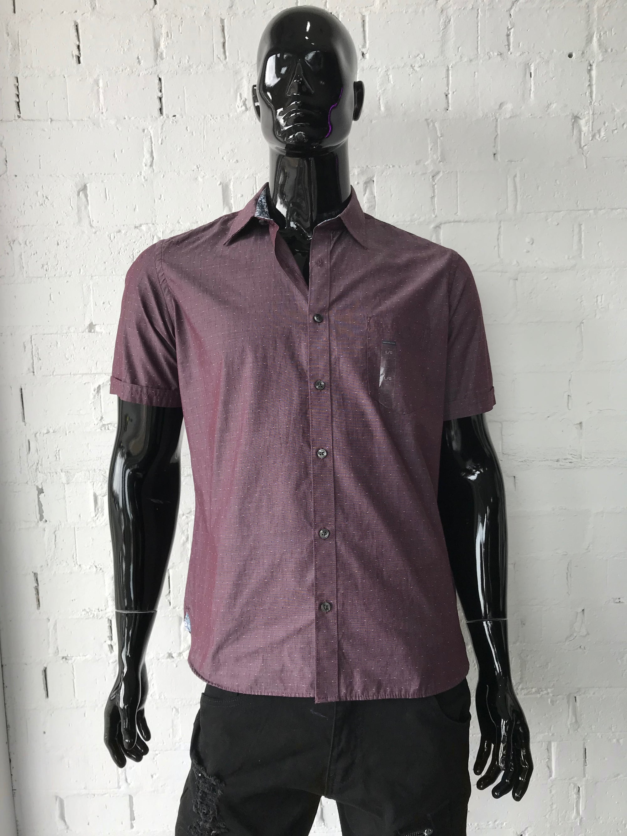 Short Sleeve Slim Fit Shirt •  Plum Colour with Woven Dot