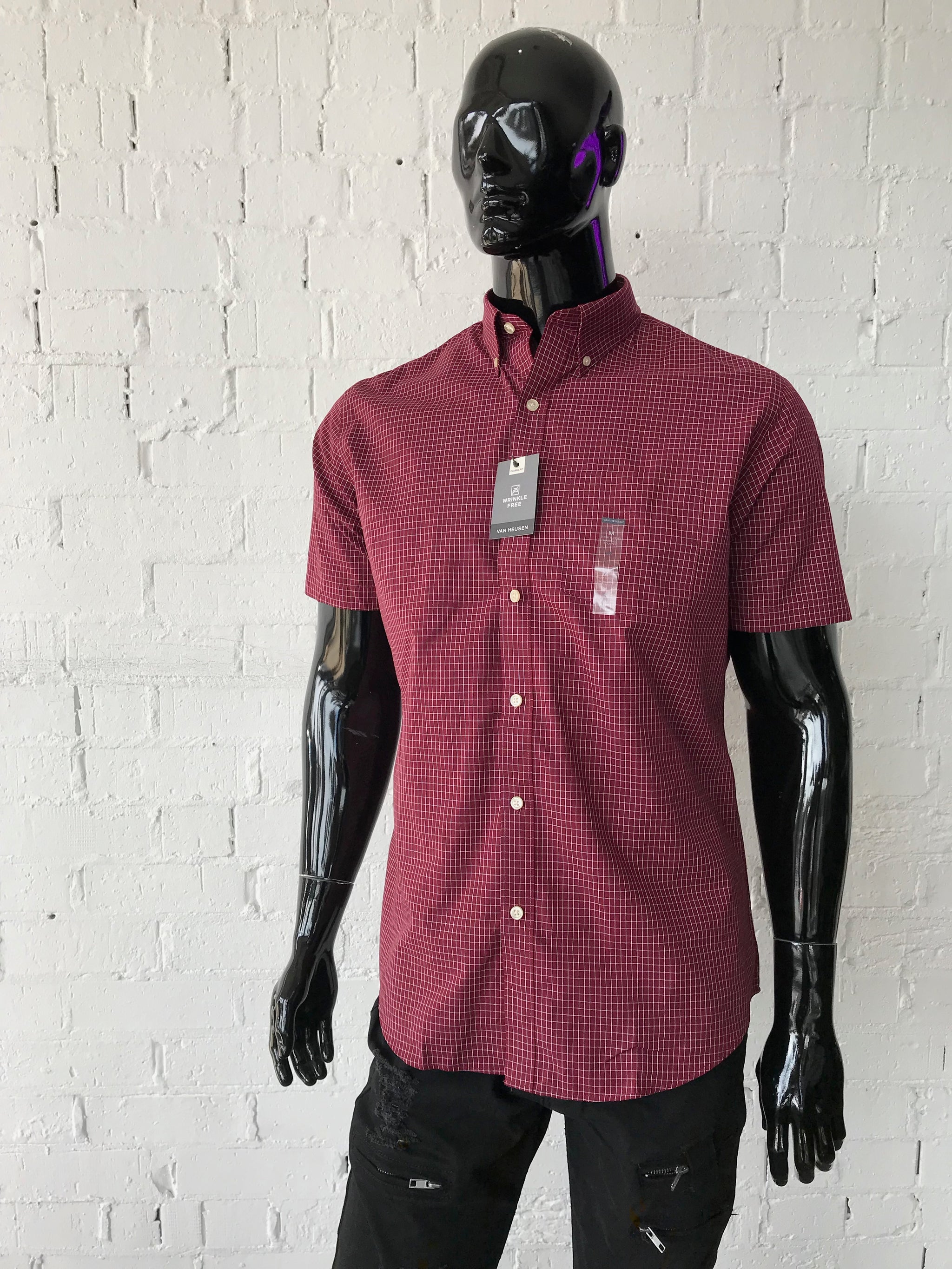 Van Heusen Mens Short Sleeve shirt Dark Maroon with Grid Pattern