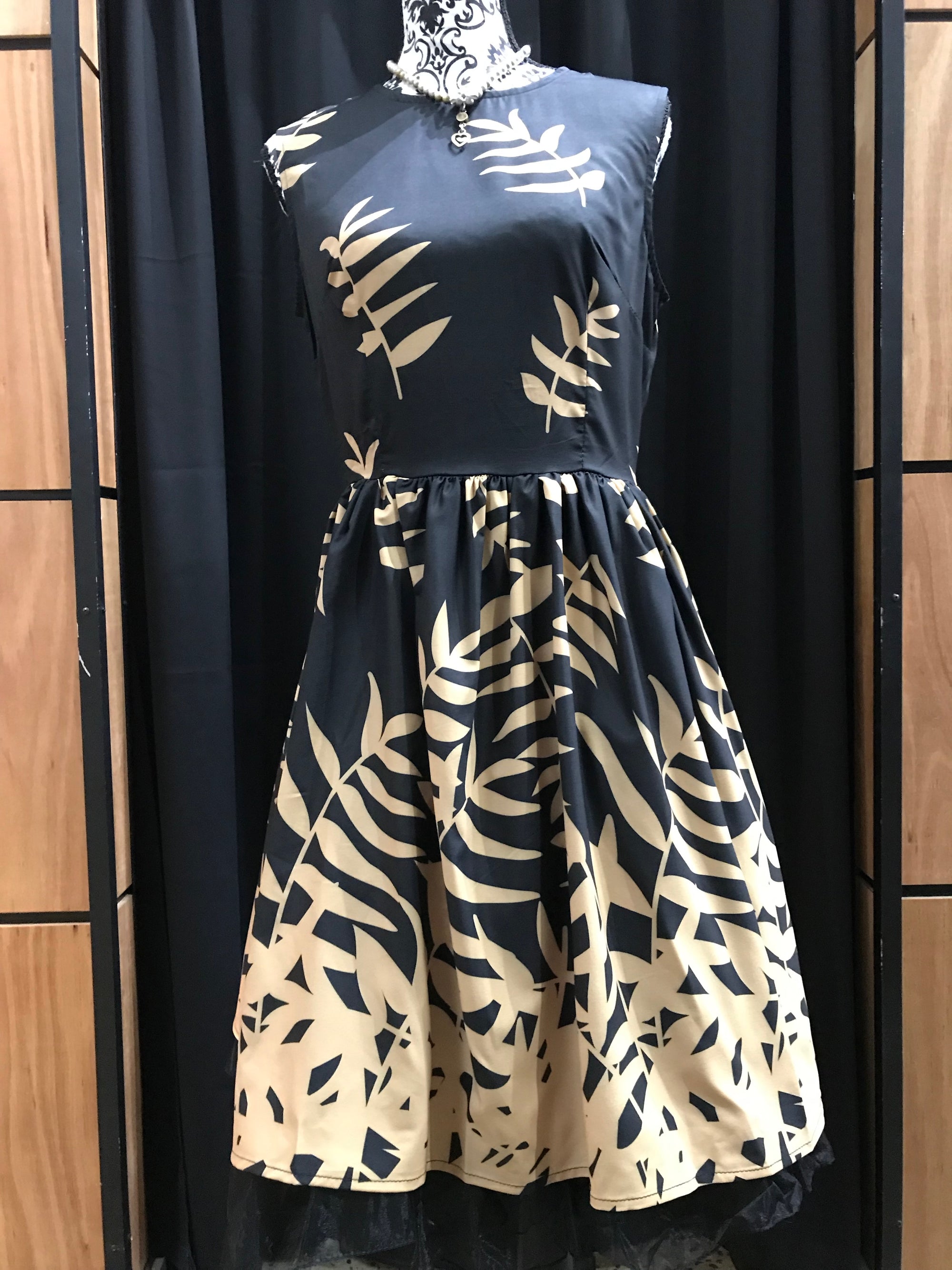 Womens Vintage Style Dress • Black with Gold Leaf Print
