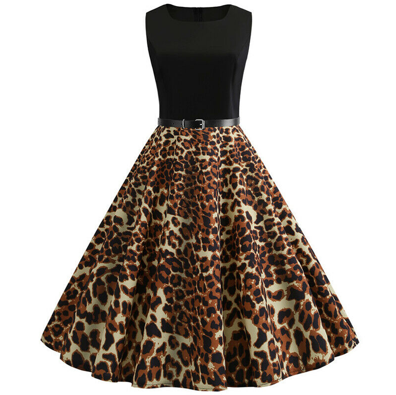 Womens 1950's Retro Sleeveless Rockabilly Pinup Swing Dress • Leopard