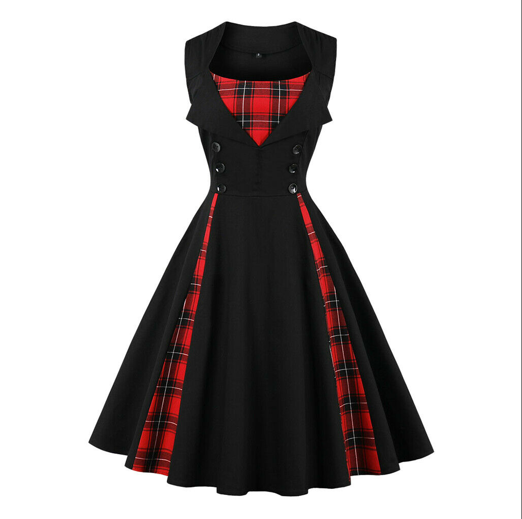 Womens Vintage Style Dress • Red with Tartan • Plus Size