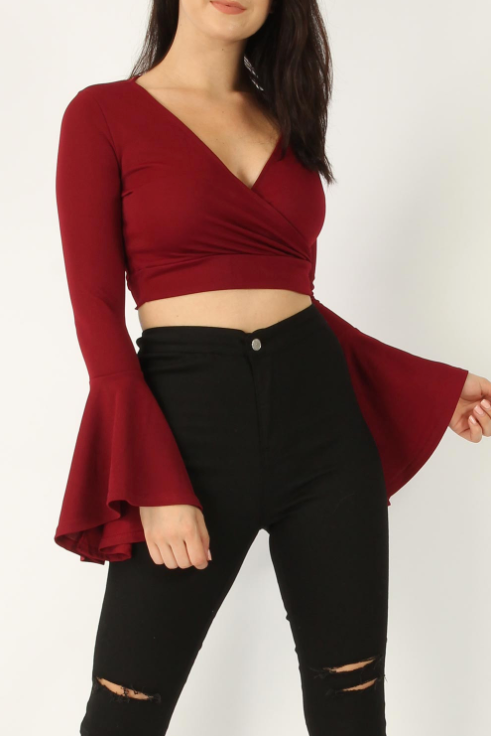 Womens Maroon Flare Sleeve Crop Top
