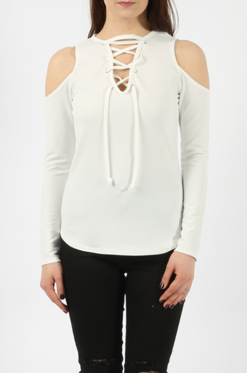 Womens Ivory Cold Shoulder Top