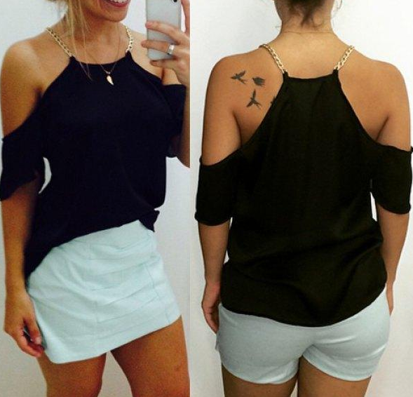 Womens Black Top with Gold Chain Strap