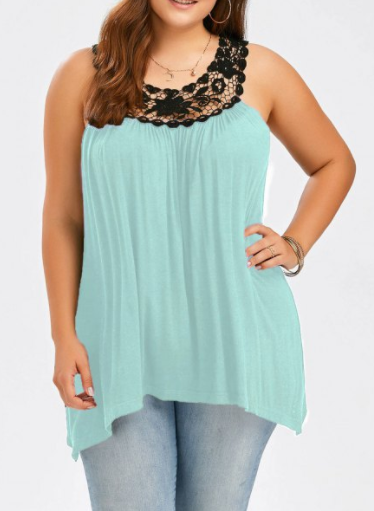 Womens Plus Size Flared Turquoise Tank with Lace Trim