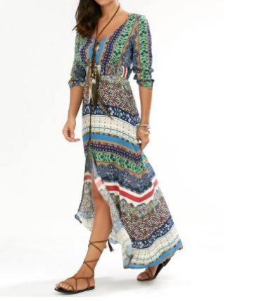Womens Maxi Dress •  Boho Print with High Slit