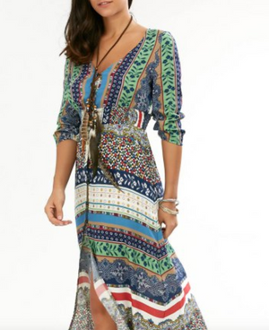 Womens Maxi Dress •  Boho Print with High Slit