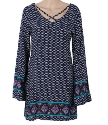 Womens Boho Mini Dress • Navy Blue Print