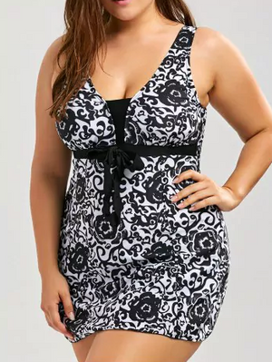 Bathers • Plus Size Skirted Swimsuit • Black Paisley Floral Print