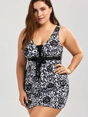 Bathers • Plus Size Skirted Swimsuit • Black Paisley Floral Print