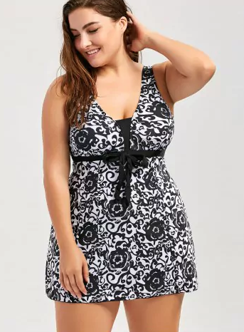 Bathers • Plus Size Skirted Swimsuit • Black Paisley Floral Print
