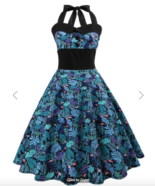 Womens Vintage Style Halter Neck Dress • Tropical Print 