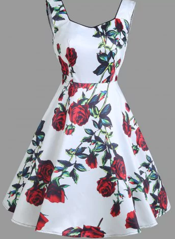 Womens Vintage Style Flared Dress • Rose Print