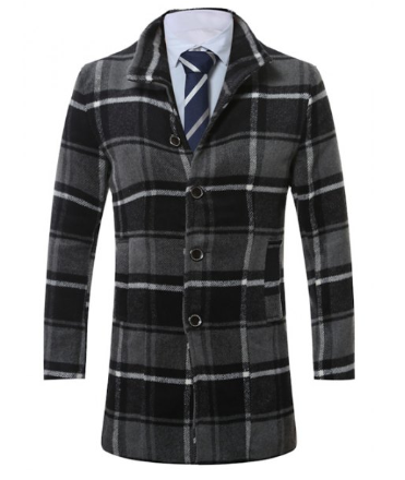 Mens Tartan Wool Coat • Grey and Black