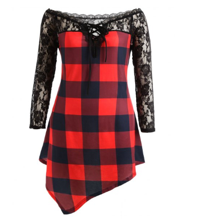 Womens Tartan and Lace Asymmetric Top • Plus Size 