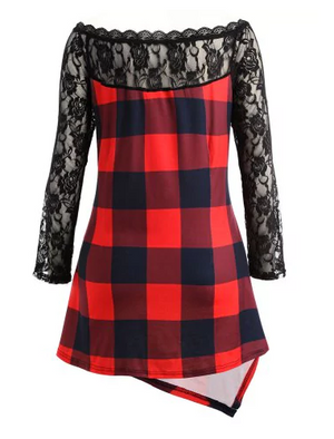 Womens Tartan and Lace Asymmetric Top • Plus Size 