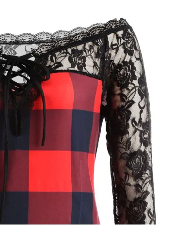 Womens Tartan and Lace Asymmetric Top • Plus Size 