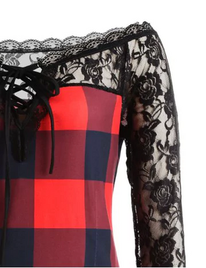Womens Tartan and Lace Asymmetric Top • Plus Size 