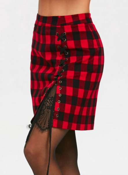 High Waist Tartan Skirt • Criss Cross Slit with Lace Panel