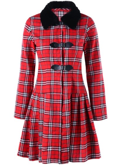 Tartan Coat • Skirted Style with Faux Fur Collar