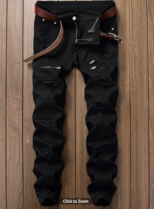 Mens Jeans • Black Jogger Style Jeans • Distressed with Zipper detail 