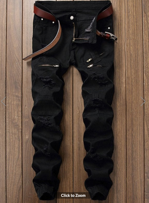Mens Jeans • Black Jogger Style Jeans • Distressed with Zipper detail 