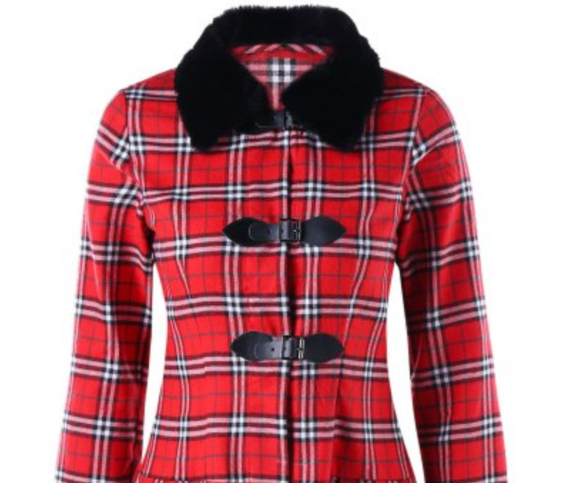Tartan Coat • Skirted Style with Faux Fur Collar
